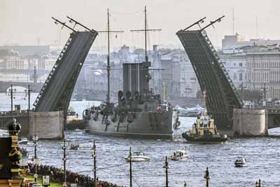 крейсер Аврора проходит через раздвижной мост